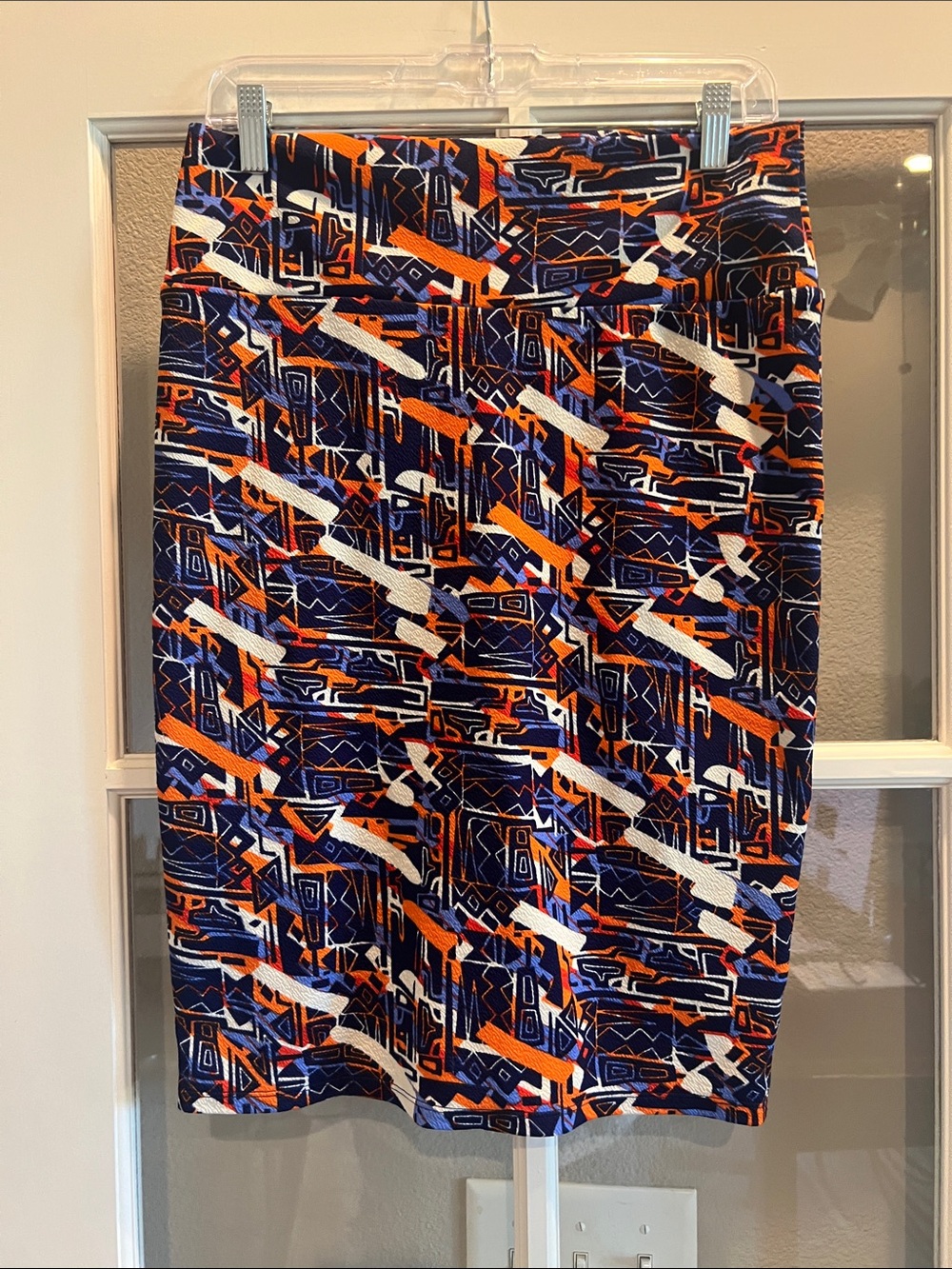 🎯 2/$5 LuLaRoe Navy, Orange and White Geometric Pencil Skirt Size Medium